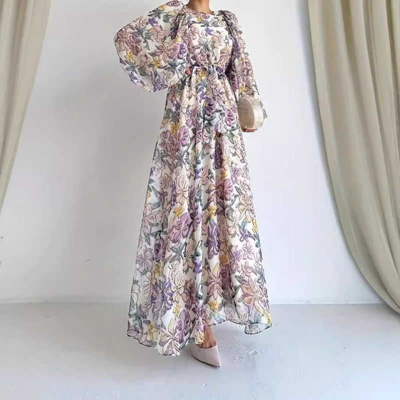 MH1282 Chiffon flower long fashionable and elegant waist dress