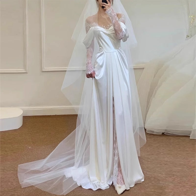 MH0114 Shoulder Small Satin Travel Photograph Wedding Dress