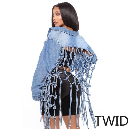 MH0391 Back mesh fringed denim jacket women